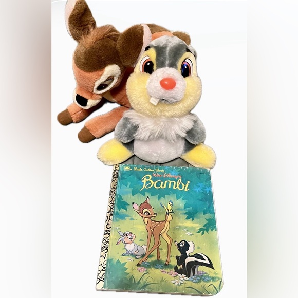 DISNEY- BAMBI and THUMPER PLUSH and BOOK SET - VINTAGE - Picture 2 of 5